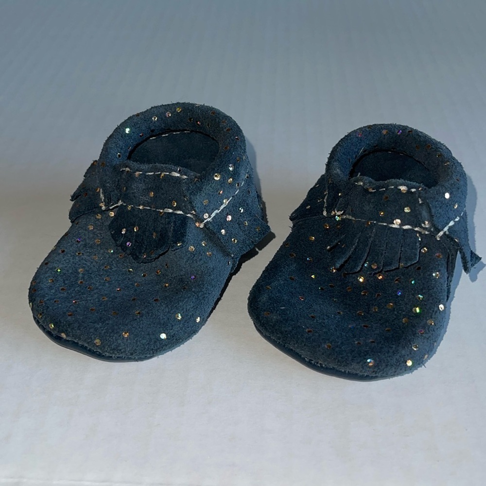 Freshly Picked Dark Blue With Holographic Dots Leather Moccasins